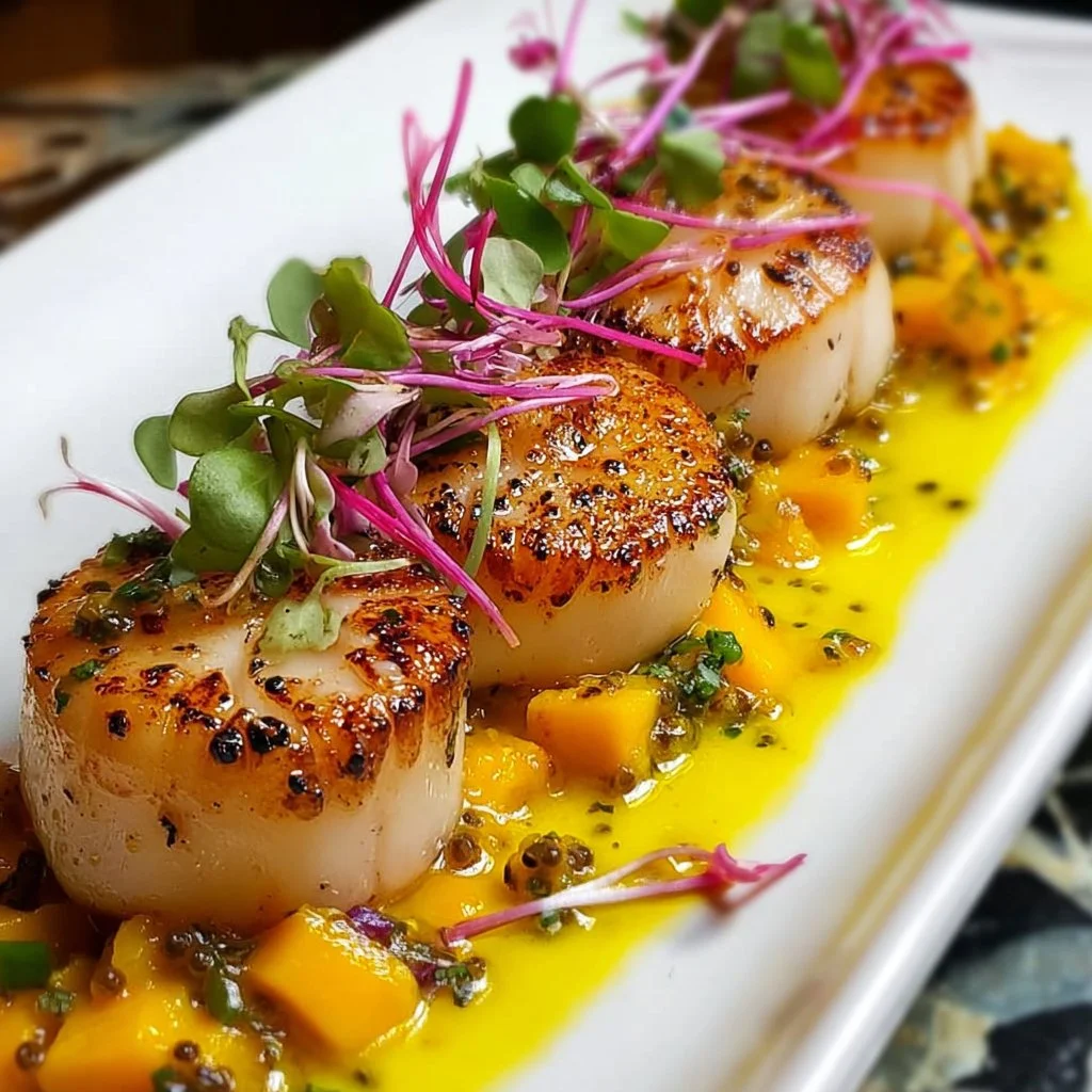 Carpaccio de Saint-Jacques avec vinaigrette mangue-passion et poivre de Timut