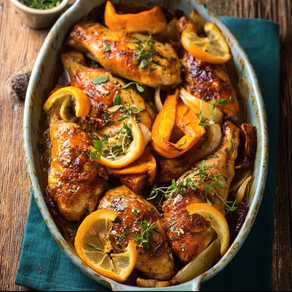 Recette de poulet au citron et patates douces, plat savoureux et équilibré.