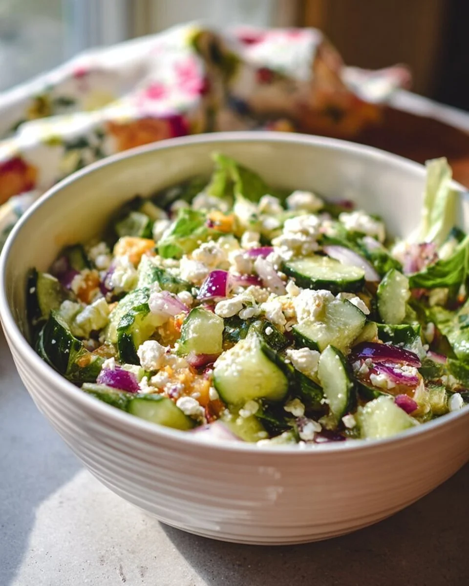 Salade de pois chiches, concombre et feta dans un bol frais et coloré