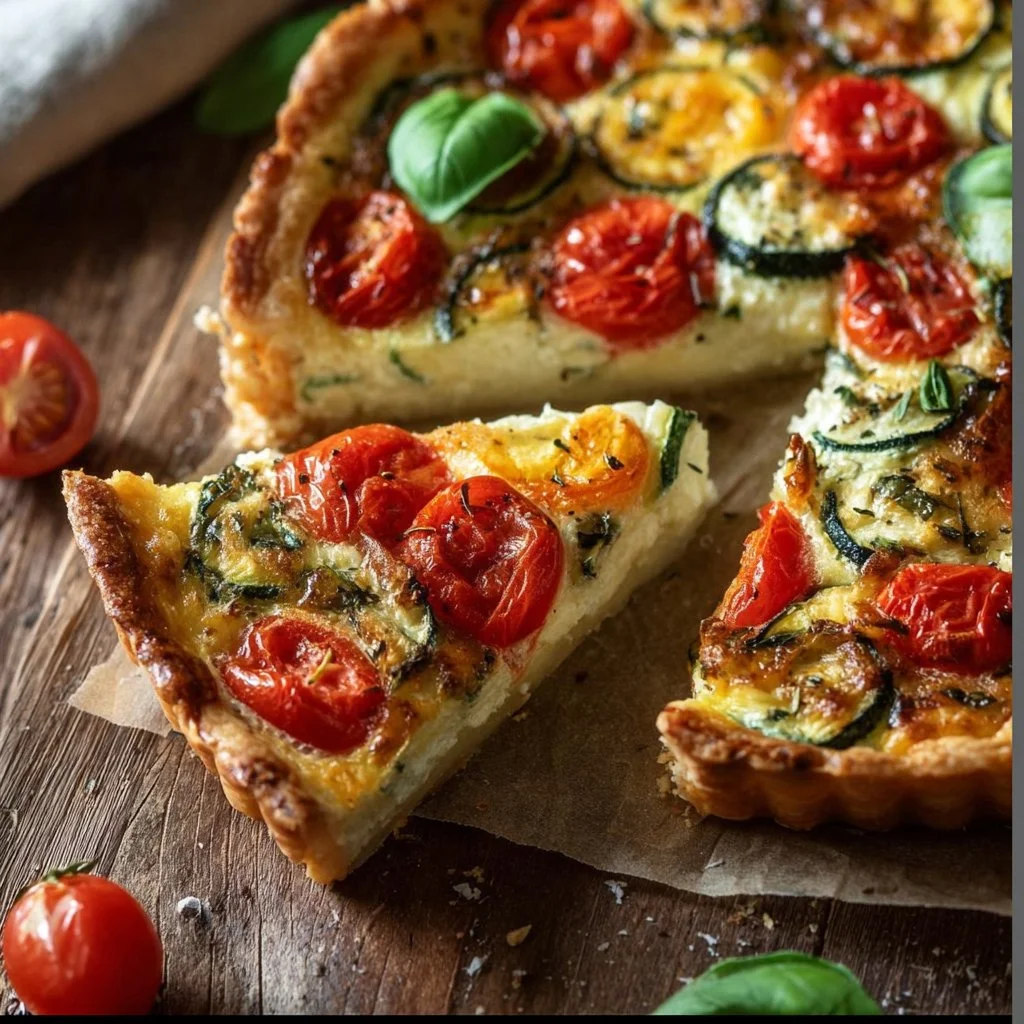 Clafoutis aux courgettes, tomates cerises et mozzarella frais et délicieux