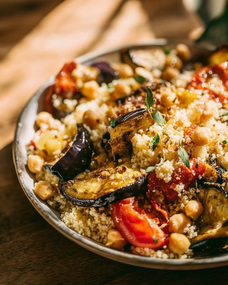 Salade colorée d'aubergines et de pois chiches garnie de légumes frais.