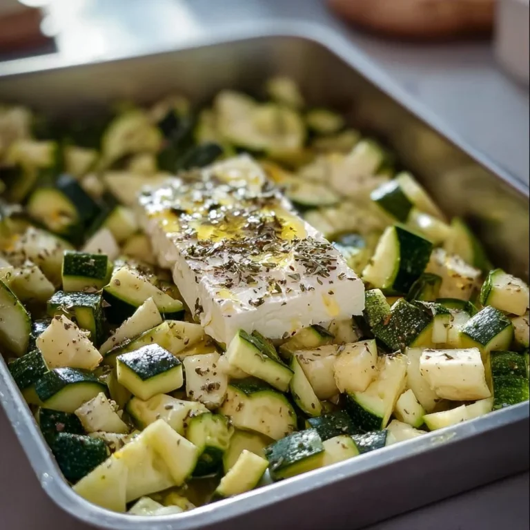 Plat de courgettes feta au four, préparé avec des légumes frais et de la feta dorée.