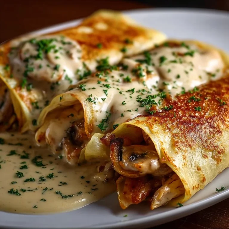 Crêpes roulées garnies de poulet, champignons et béchamel, un plat réconfortant.