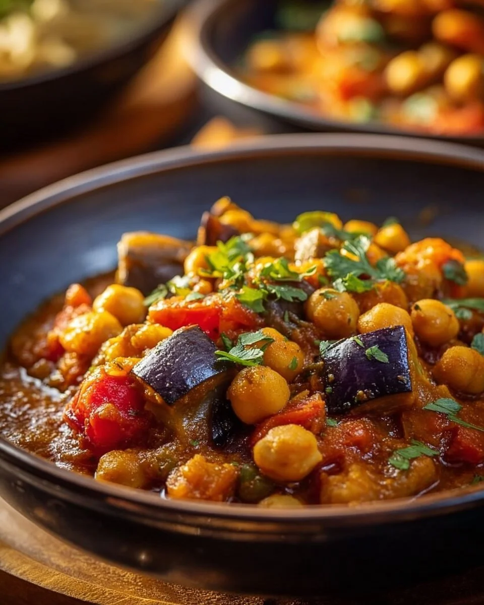 Plat de curry aubergines et pois chiches servi dans un bol