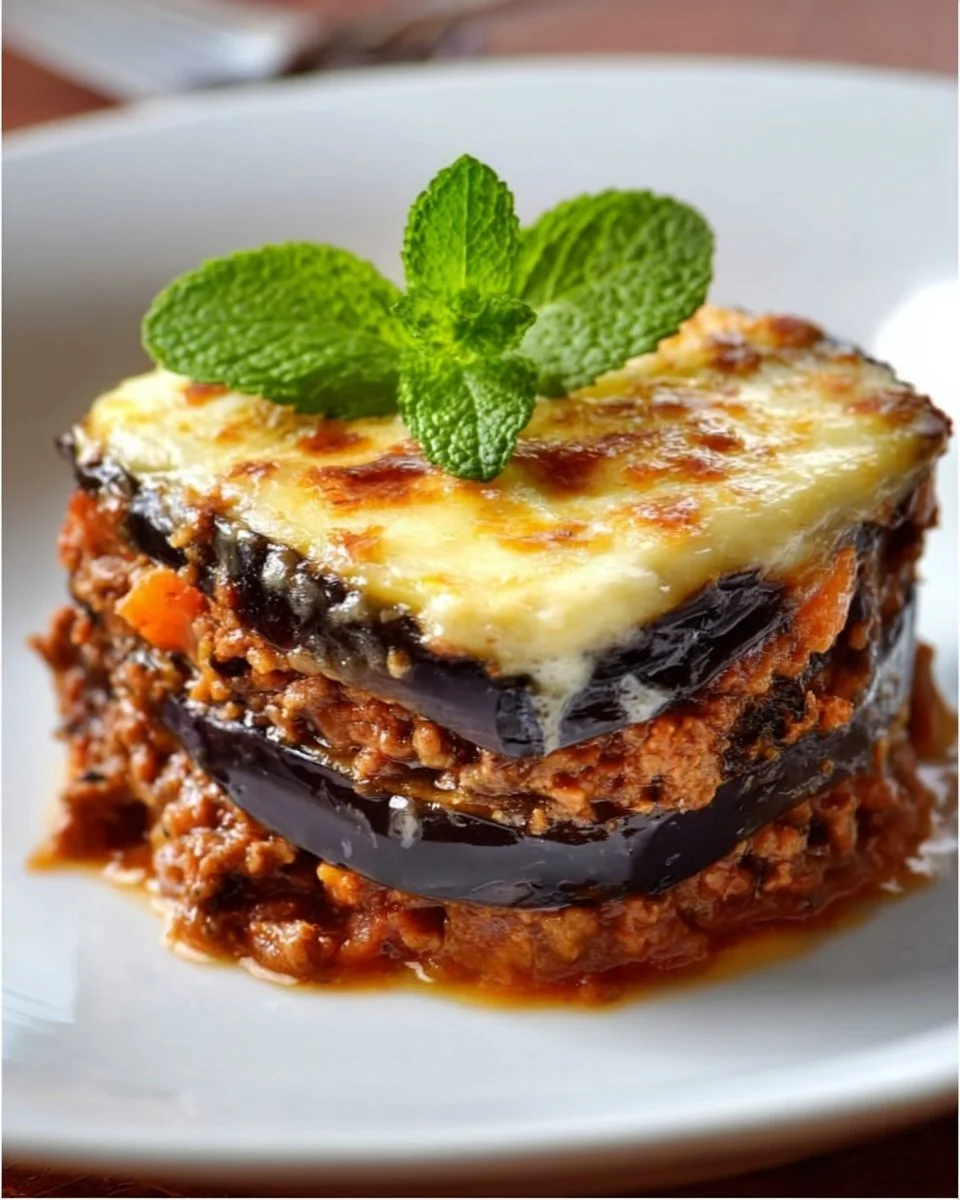 Mille feuilles d'Aubergine façon Moussaka avec légumes et fromage gratiné