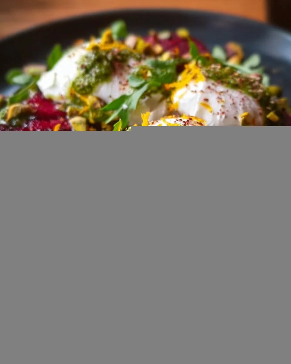 Entrée de burrata avec betteraves et pesto, plat savoureux et coloré.