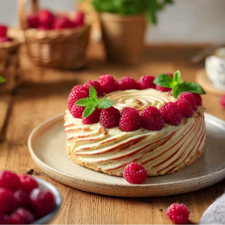 Un élégant framboisier roulé garni de framboises fraîches et de crème chantilly