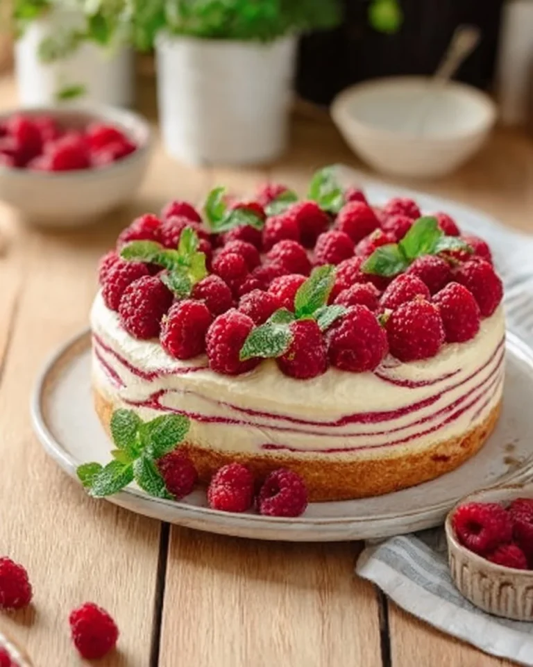 Dessert framboisier roulé avec framboises fraîches et décoration élégante