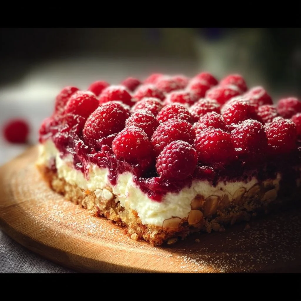 Gâteau aux amandes garni de mascarpone et framboises