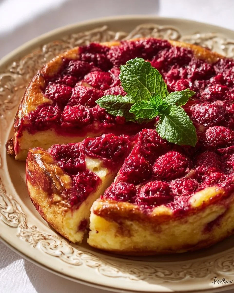 Gâteau aux Framboises moelleux avec décor de framboises fraîches.