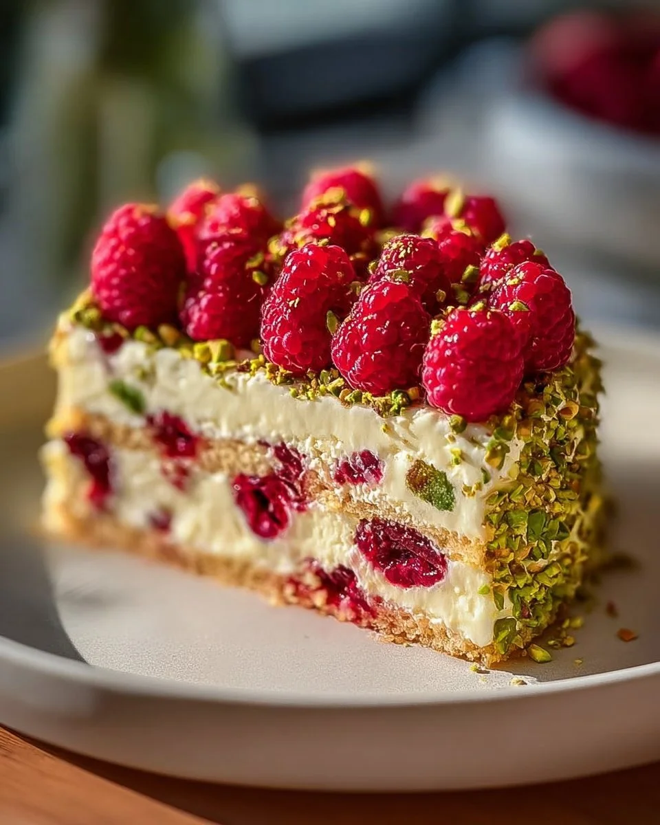 Gâteau Céleste aux Framboises et Pistaches décoré de fruits frais