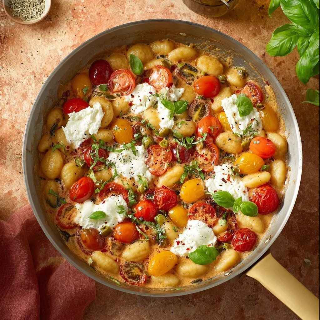Gnocchi à l'italienne avec burrata et tomates cerises dans une assiette.