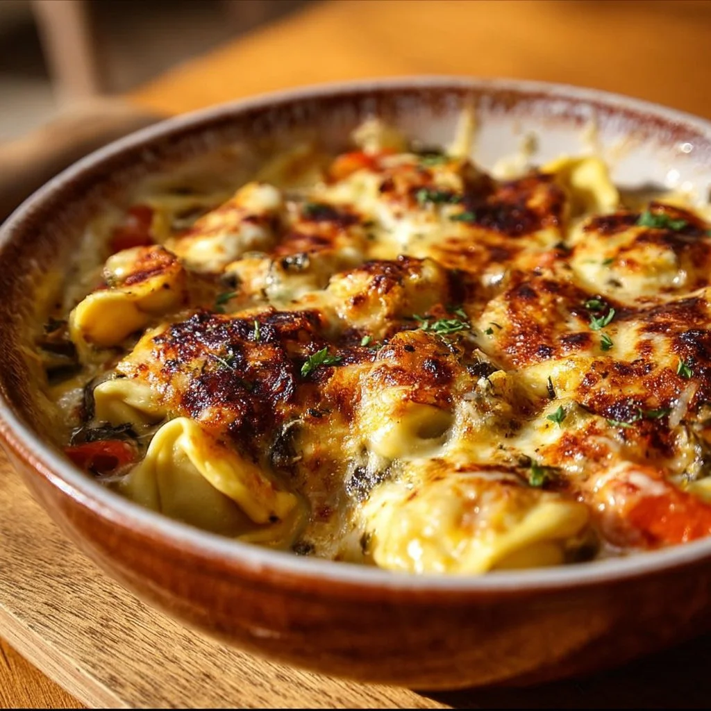Gratin de tortellinis aux légumes dorés et garnis de fromage frais.