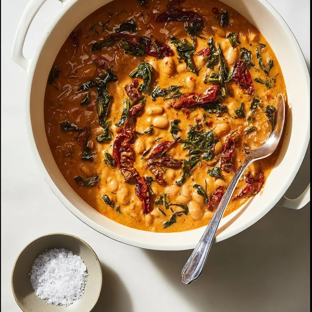 Haricots blancs crémeux aux tomates séchées dans une assiette