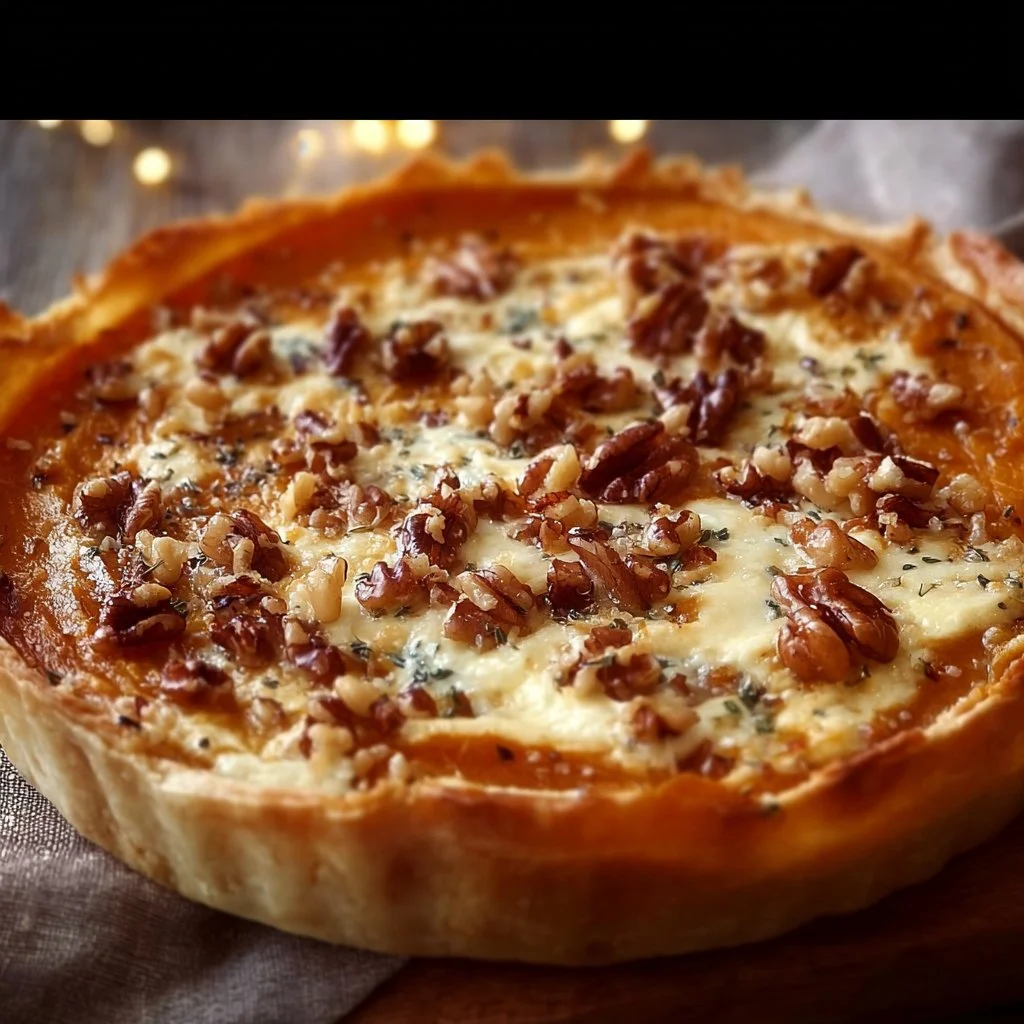 Tarte potimarron aux échalotes, comté et noix servie sur une table