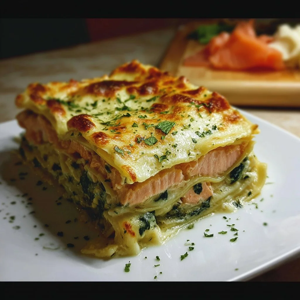 Recette de lasagnes au saumon et épinards à la crème, un plat savoureux.