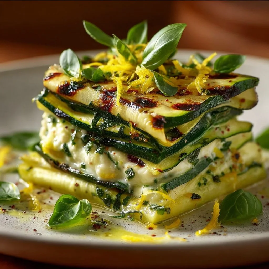 Millefeuille de courgettes grillées présentée dans une assiette colorée