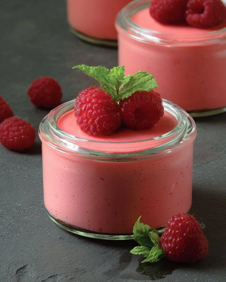 Mousse aux Framboises agrémentée de framboises fraîches et crème onctueuse