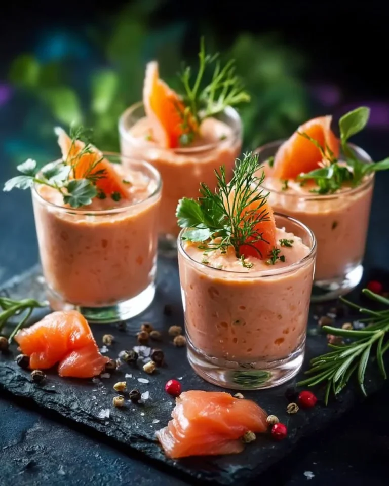 Verrines de mousse de saumon fumé garnies de fines herbes et de citron.