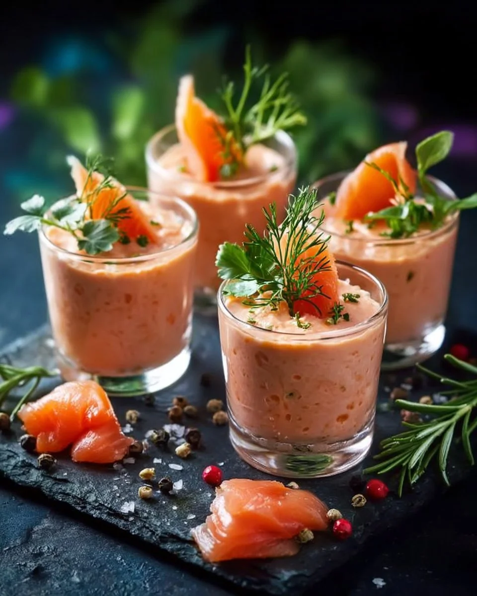 Verrines de mousse de saumon fumé garnies de fines herbes et de citron.
