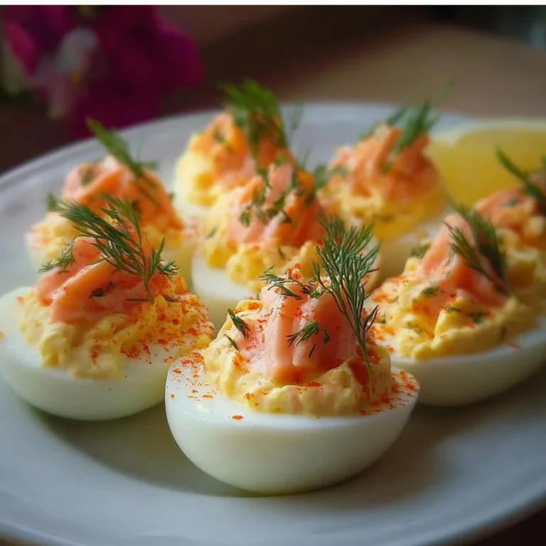 Œufs farcis garnis de mousse de saumon, plat élégant pour apéritif.