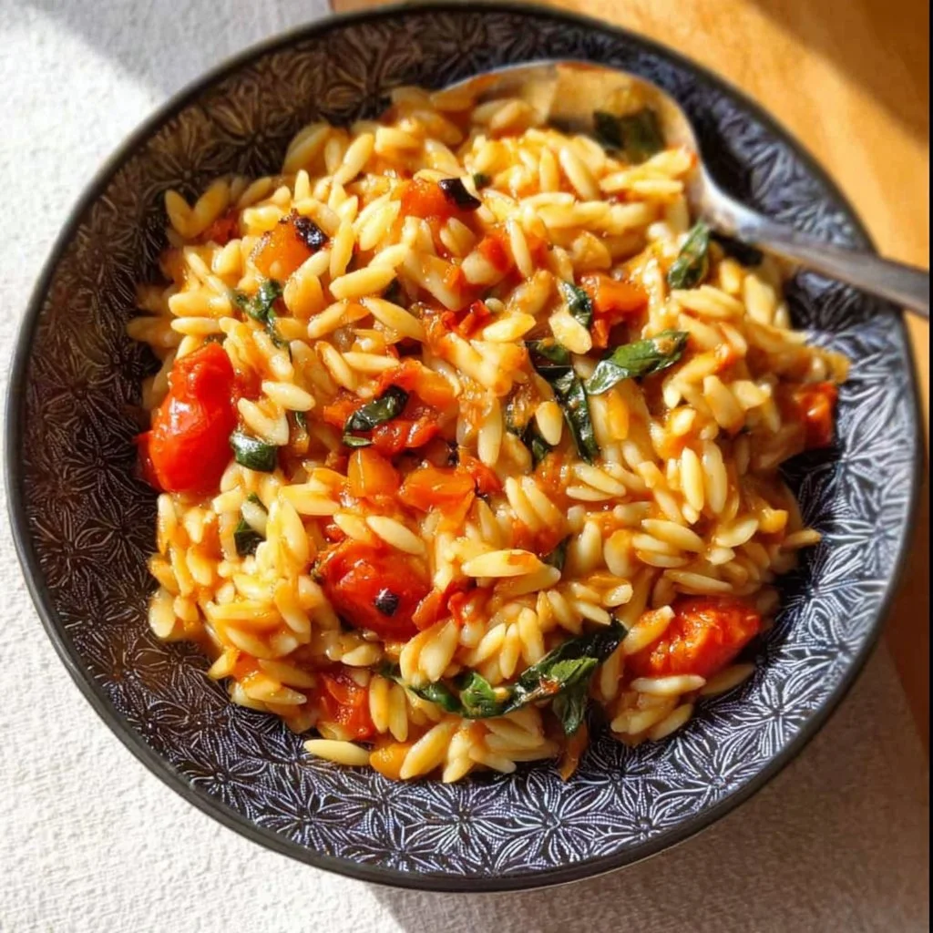 Plat d'orzo à la méditerranéenne avec légumes frais et herbes.
