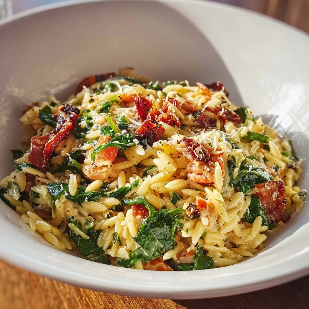 Orzo crémeux avec tomates confites, épinards et pancetta dans une assiette