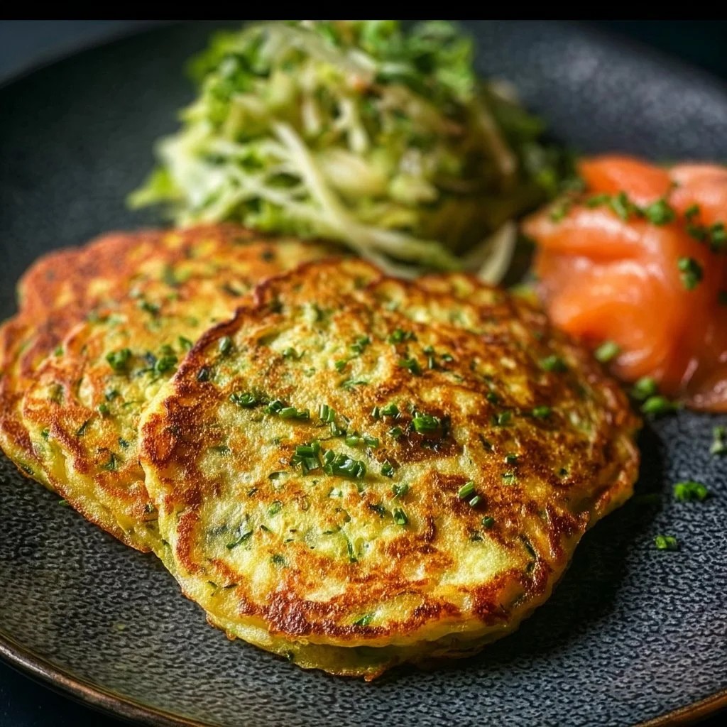 Pancakes salés à la courgette sur une assiette garnie