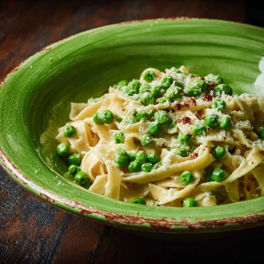 Pâtes aux pois savoureuses et colorées dans une assiette