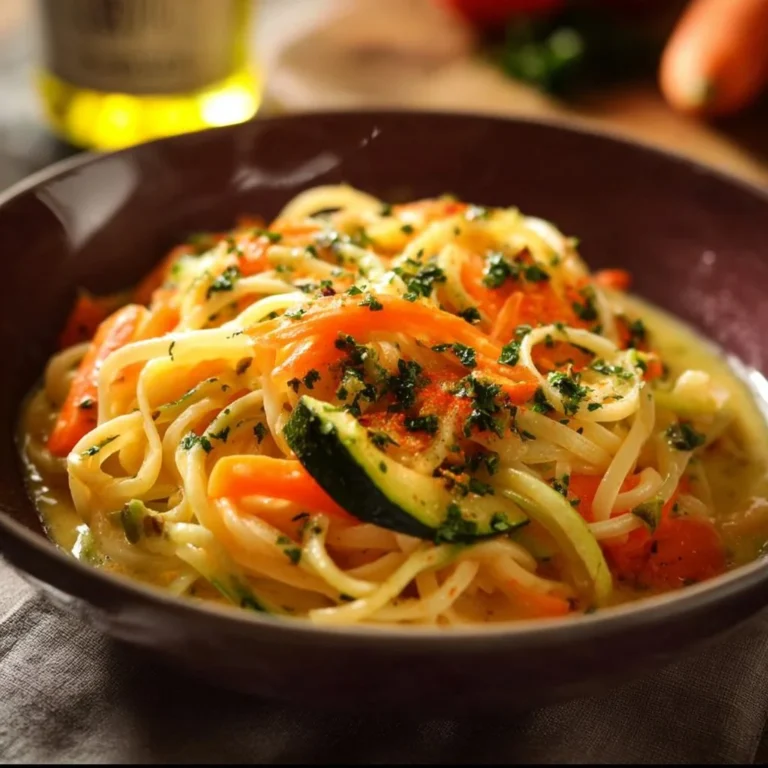 Pâtes aux légumes avec curry et lait de coco, un plat savoureux et coloré.