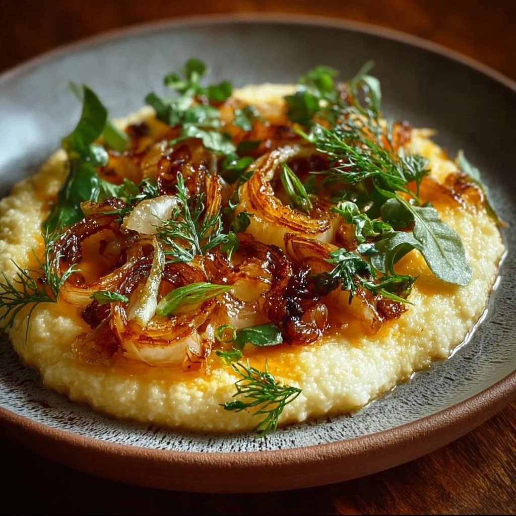 Assiette de Polenta aux Herbes et Fenouil Caramélisé, un plat réconfortant et savoureux.