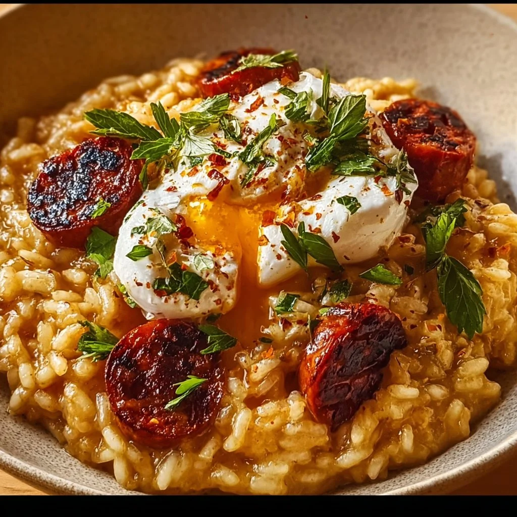 Risotto crémeux avec chorizo et burrata, plat gourmet délicieux