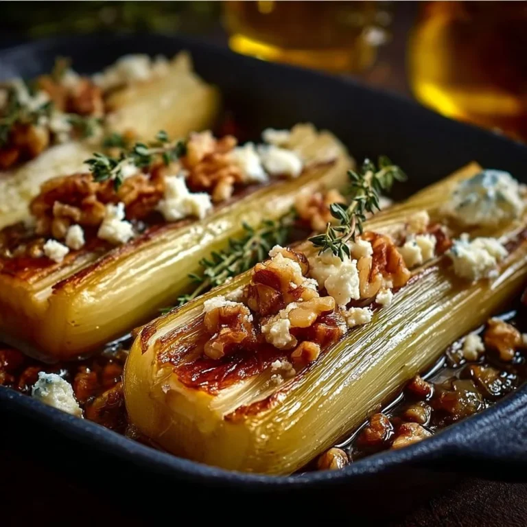 Poireaux rôtis au miel et à la moutarde sur une assiette garnie.