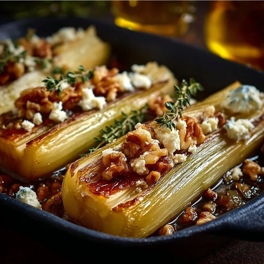 Poireaux rôtis au miel et à la moutarde sur une assiette garnie.