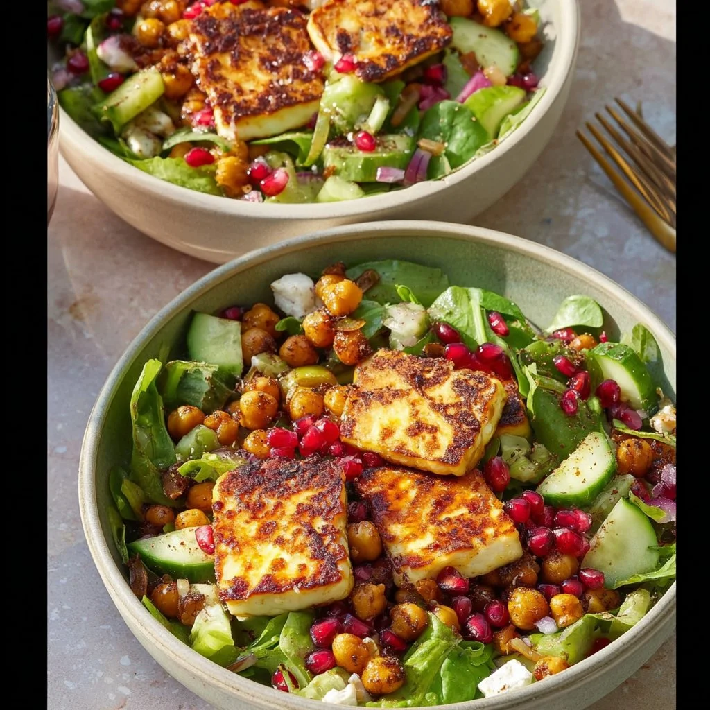 Salade de pois chiches et halloumi fraîche et appétissante