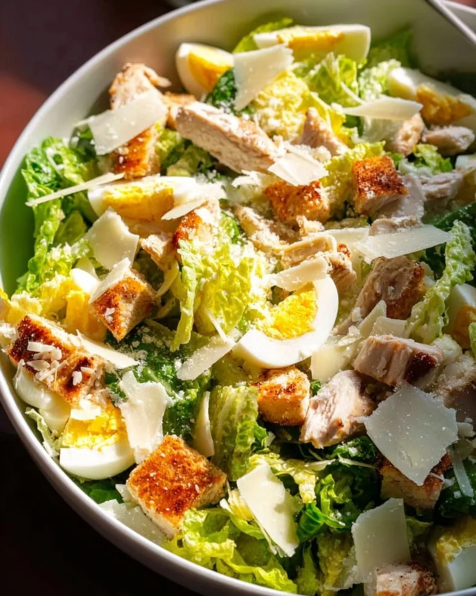 Salade César au poulet garnie de croûtons et de parmesan