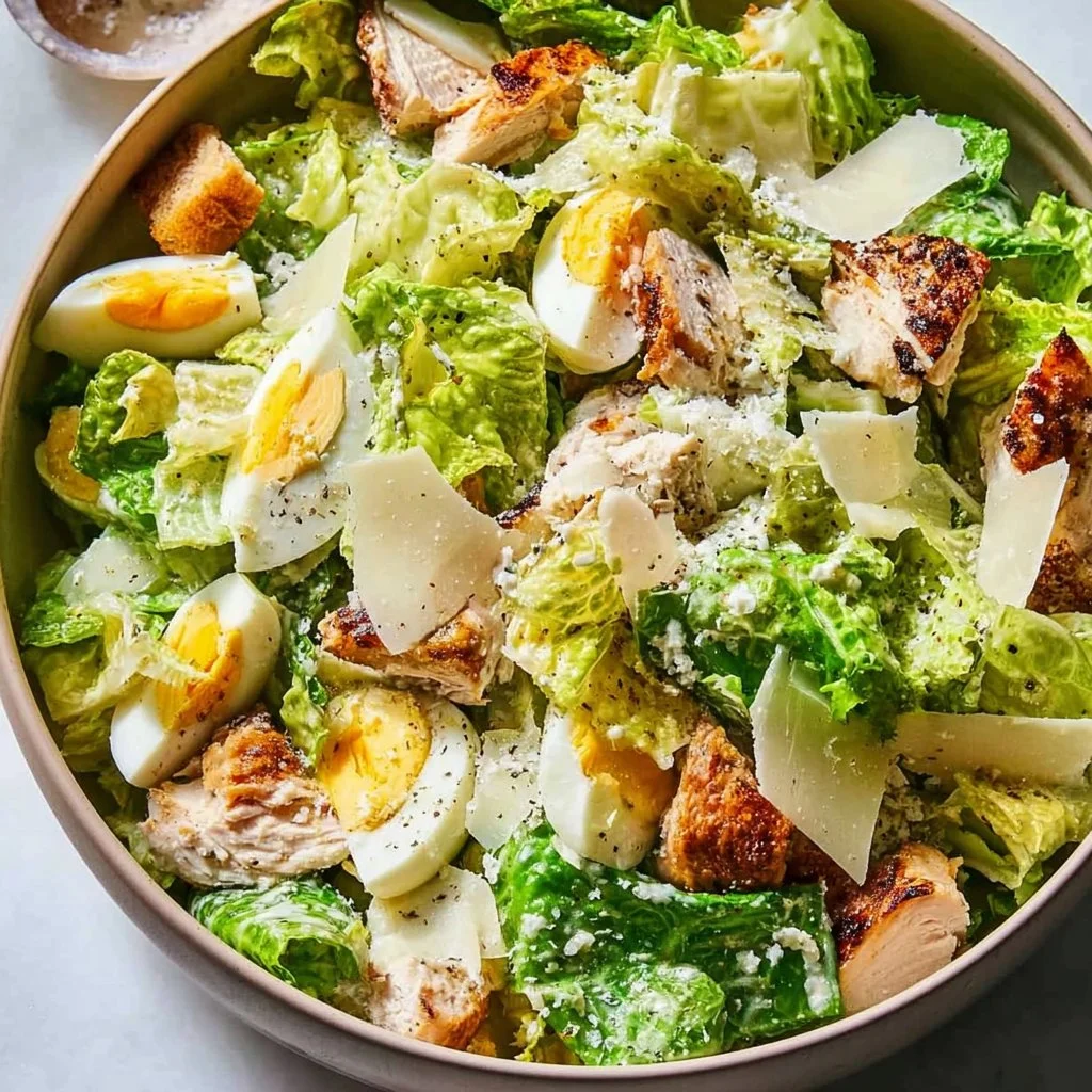 Salade César au poulet fermier faible en glucides, savoureuse et saine.