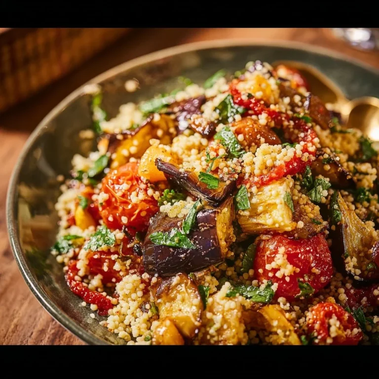 Salade d'aubergines rôties avec tomates, millet et quinoa dans un bol coloré