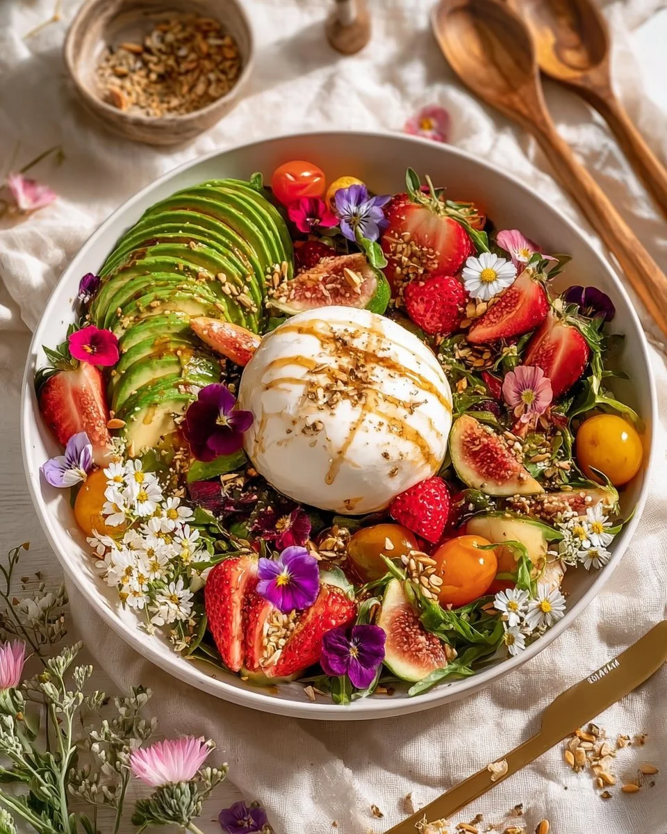 Salade de Burrata Artistique avec tomates, basilic et vinaigrette raffinée.