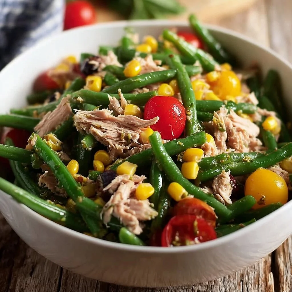 Salade de haricots verts au thon, fraîche et colorée, servie dans un bol.