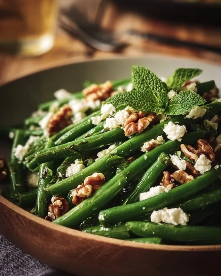 Salade de haricots verts garnie de feta sur une assiette colorée