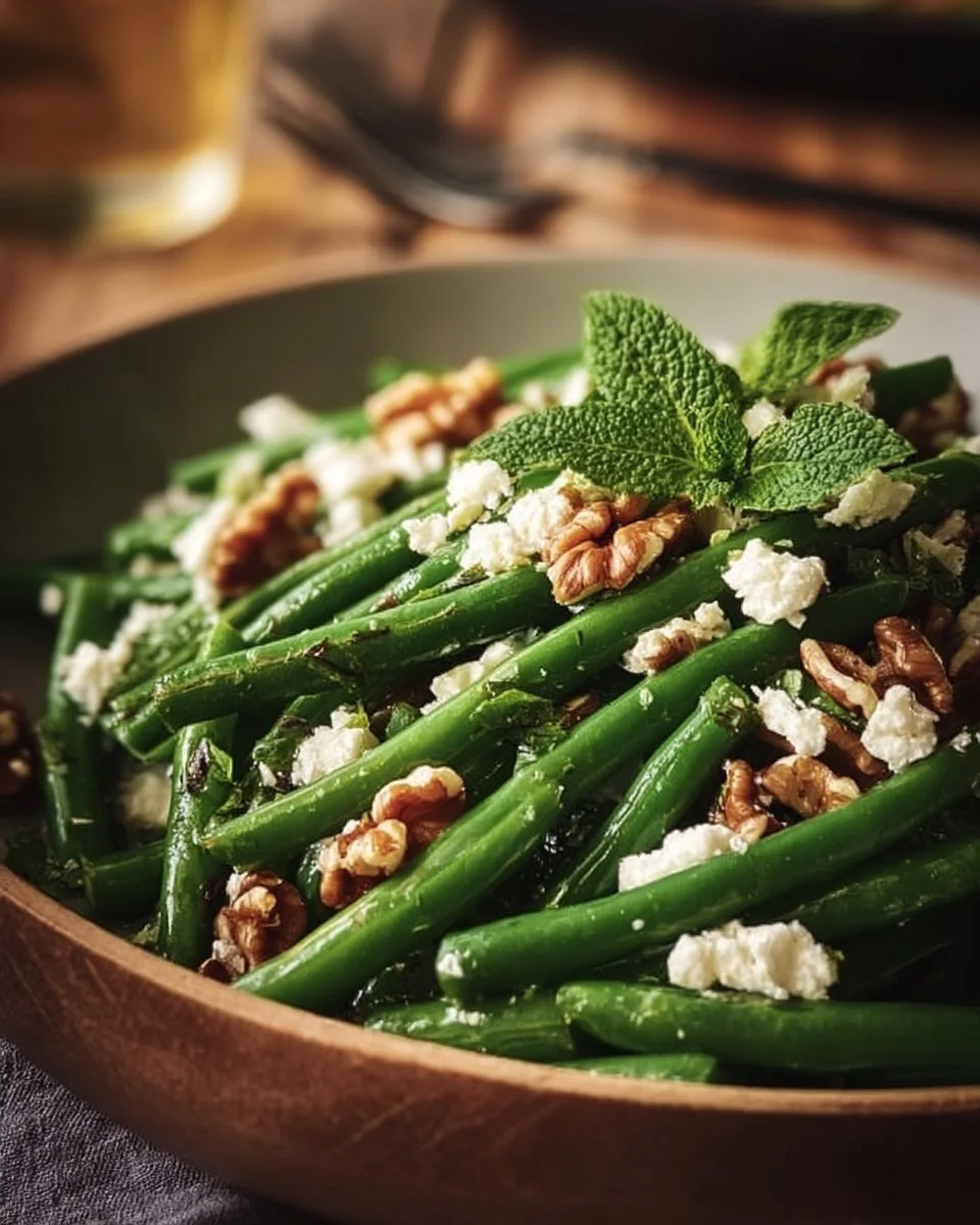 Salade de haricots verts garnie de feta sur une assiette colorée