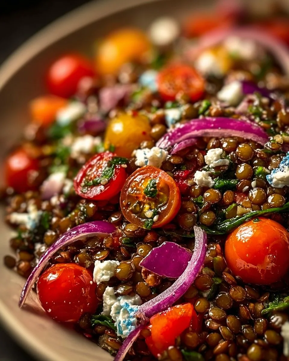 Salade de lentilles colorée avec légumes frais et vinaigrette maison