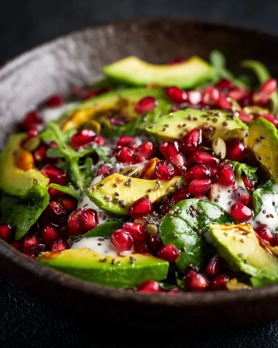 Salade de lentilles avec avocat et grenade, plat coloré et nutritif.