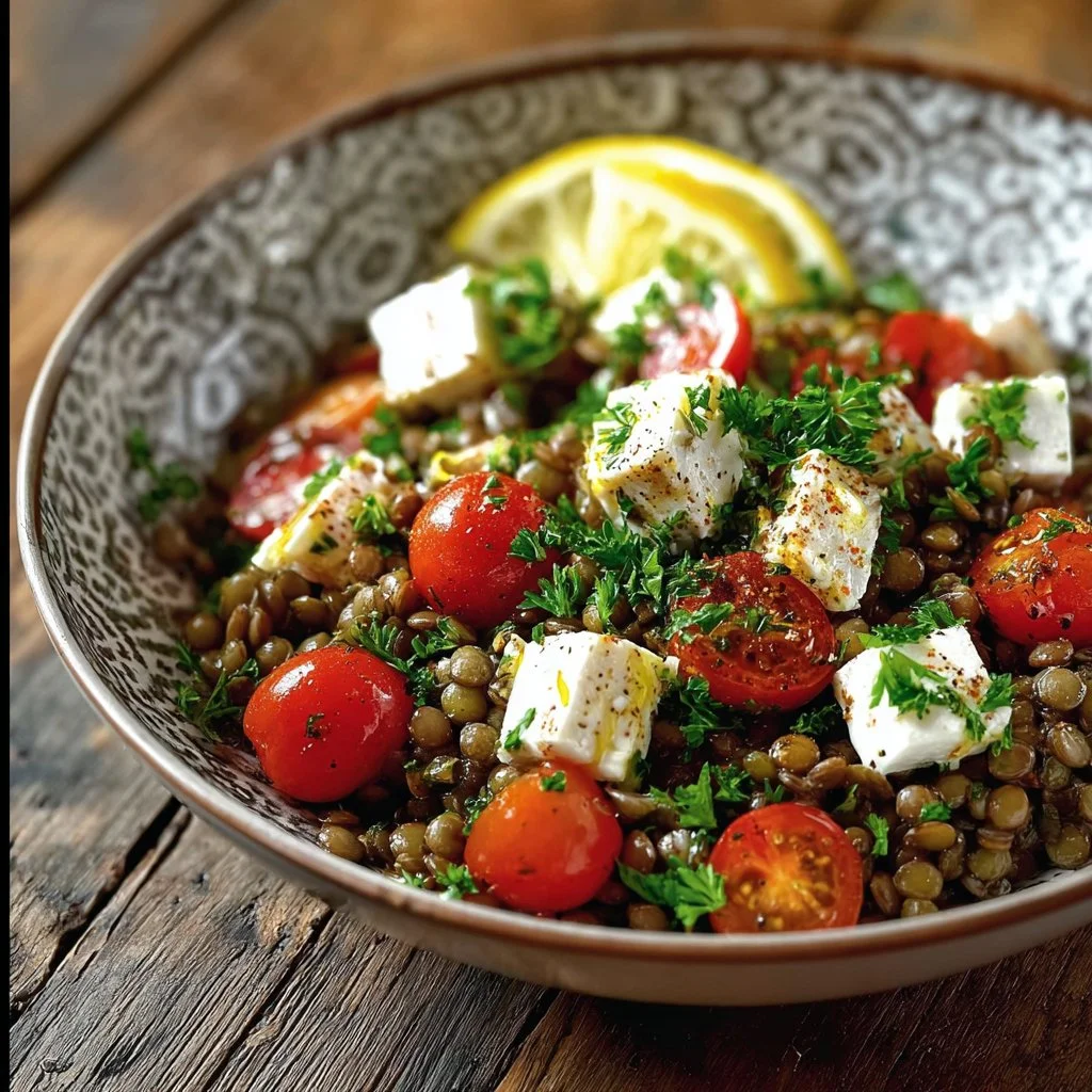 Salade de lentilles et feta marinée prête à déguster, présentée dans un bol.