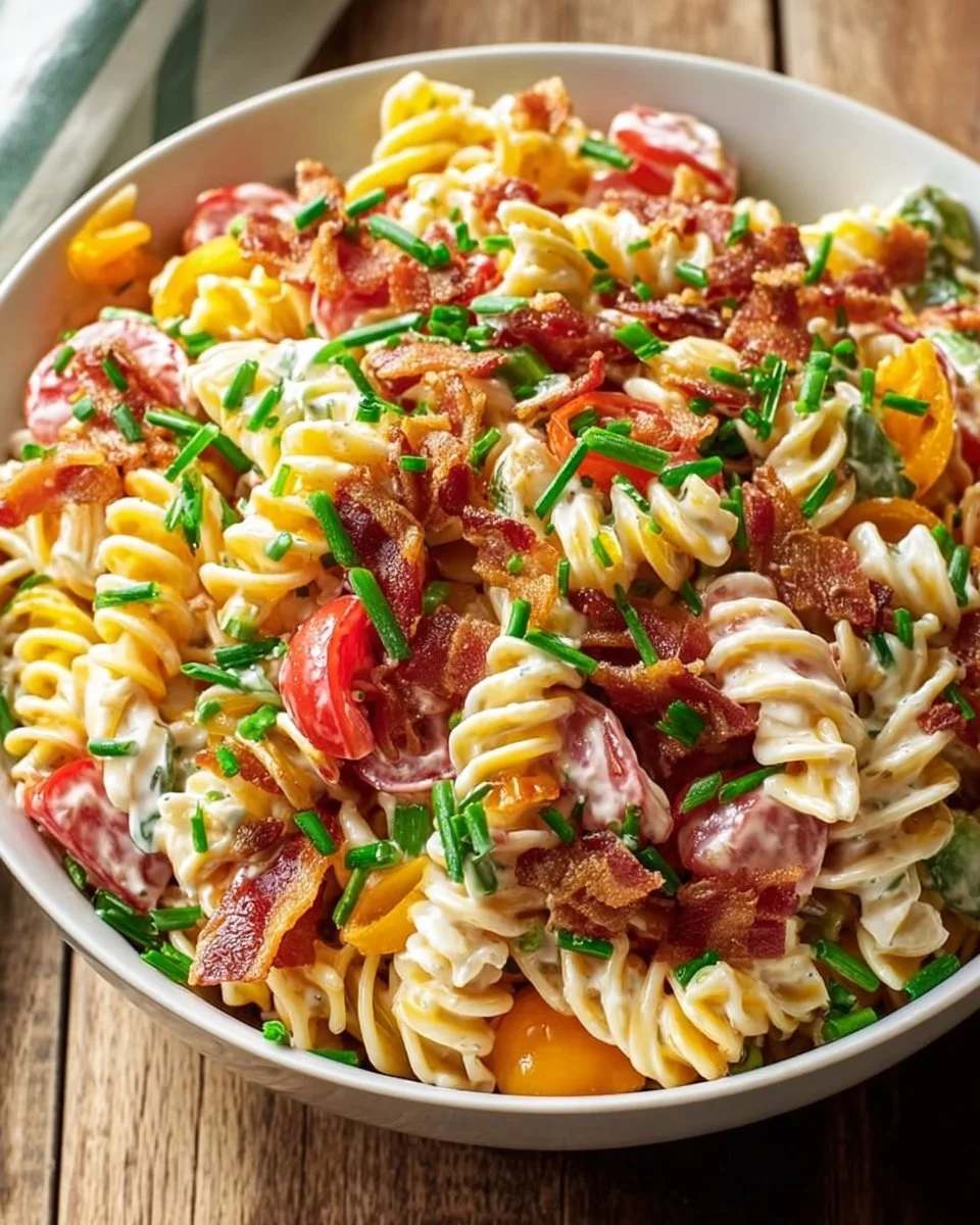 Salade de pâtes au ranch crémeux garnie de légumes frais et herbes