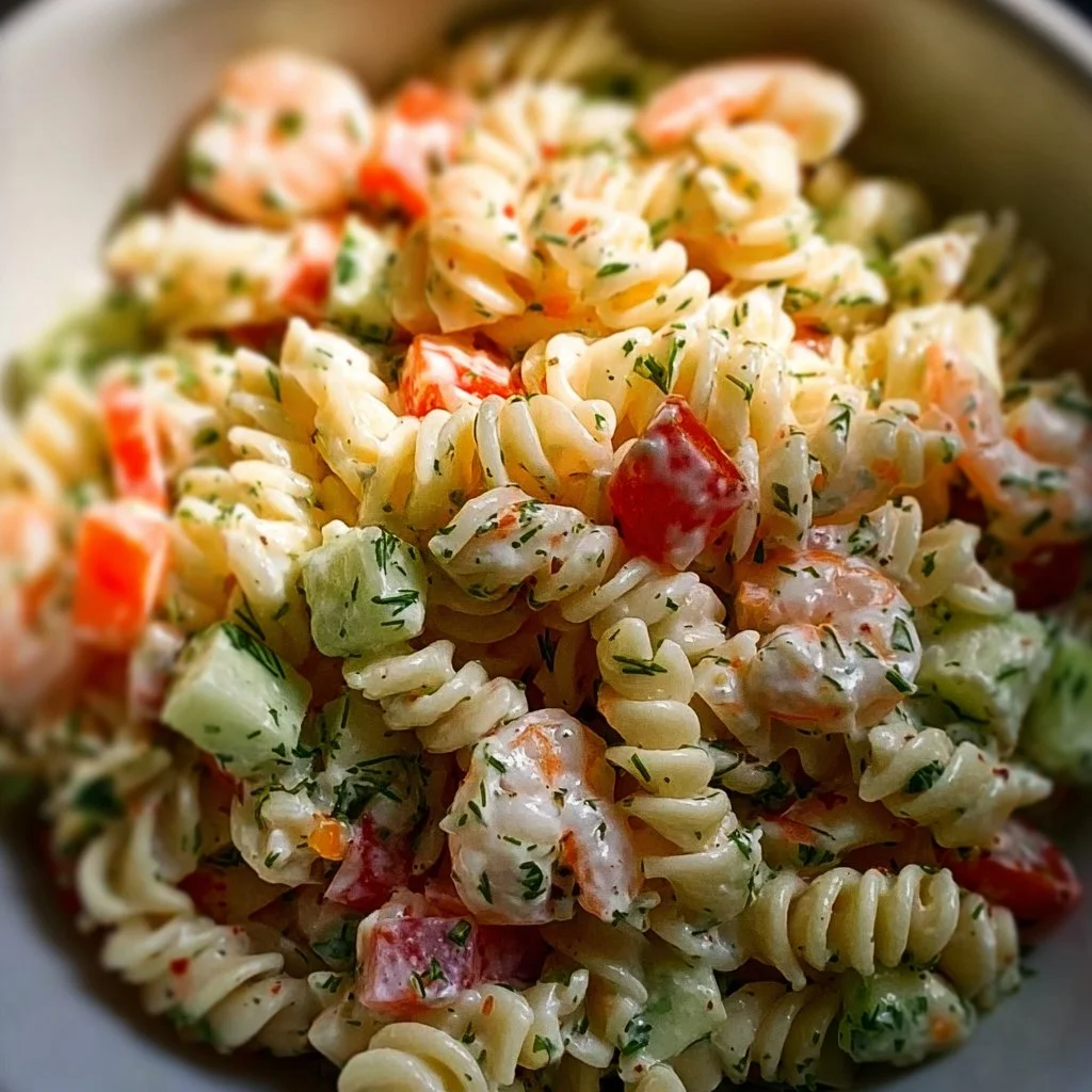 Salade de pâtes océane avec fruits de mer et légumes frais