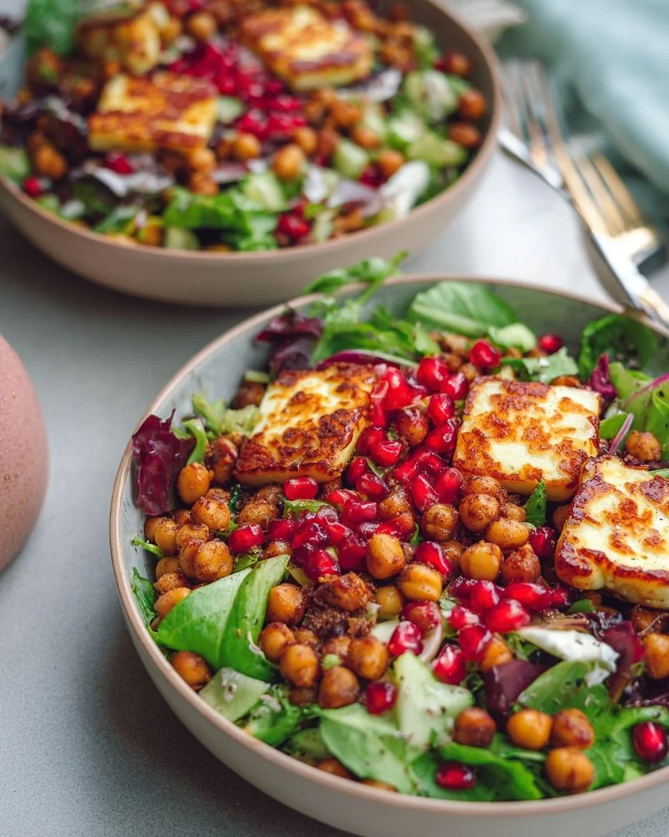 Salade de pois chiche avec halloumi et légumes frais