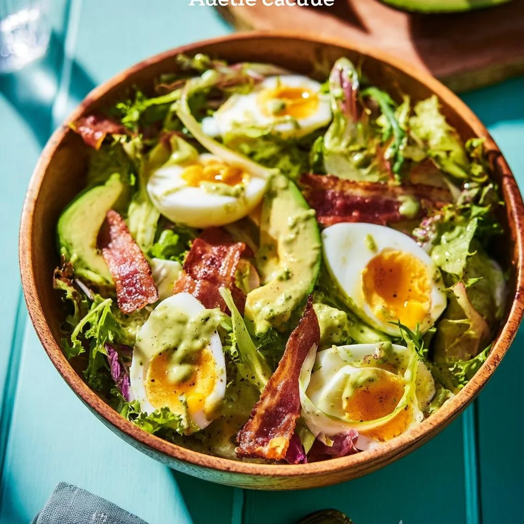 Salade de pommes de terre avec crème d'avocat garnie d'herbes fraîches