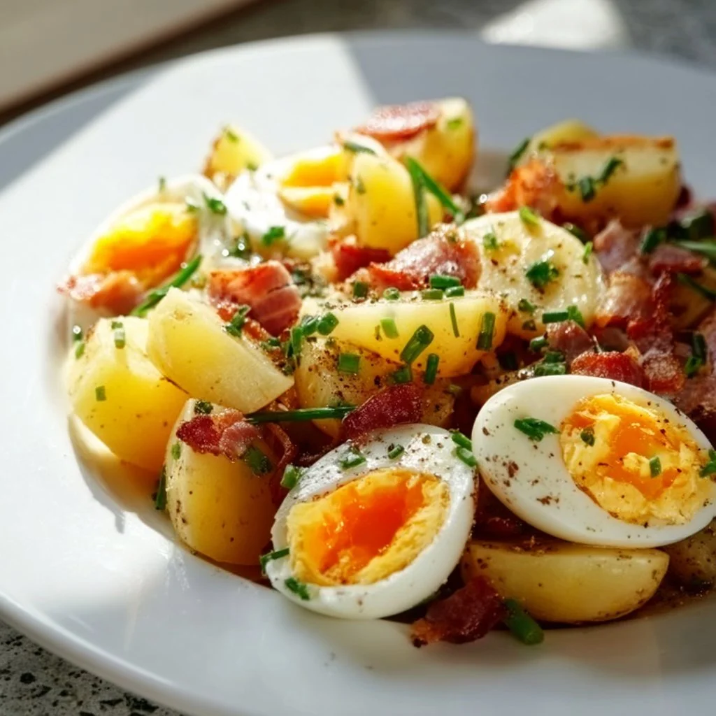 Salade de pommes de terre aux lardons et œufs, plat savoureux et coloré
